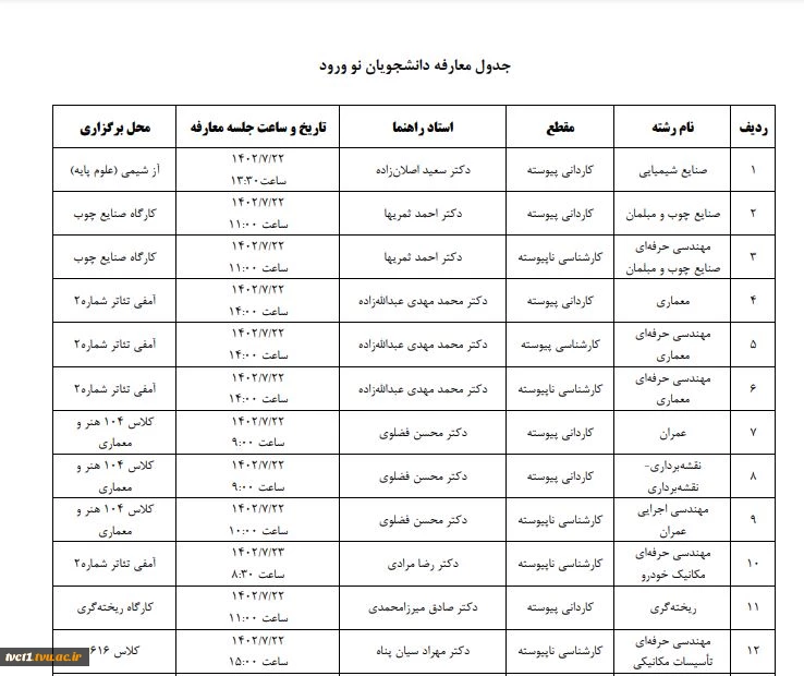 جدول زمان بندی معارفه دانشجویان نو ورود با مدیران گروه و اساتید راهنما 4