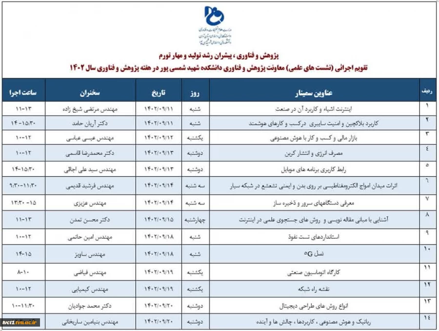 تقویم اجرایی هفته پژوهش دانشکده فنی شهید شمسی پور در آذرماه 1402

 2