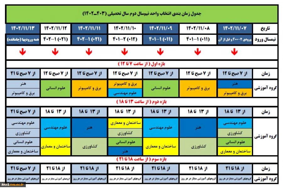 جدول زمان بندی انتخاب واحد نیمسال دوم سال تحصیلی(1403-1402) 2