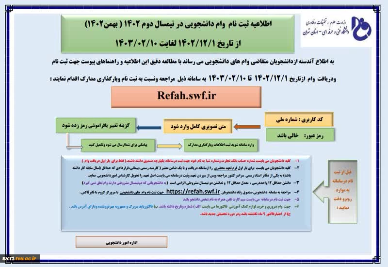 اطلاعیه ثبت نام وام دانشجویی در نیمسال دوم سال تحصیلی 1402(بهمن ماه) 2