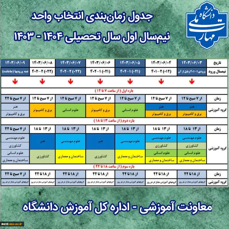 جدول زمانبندی انتخاب واحد ۰۳۱  2