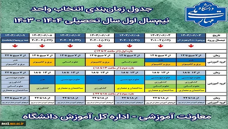 جدول زمانبندی انتخاب واحد ۰۳۱ 2