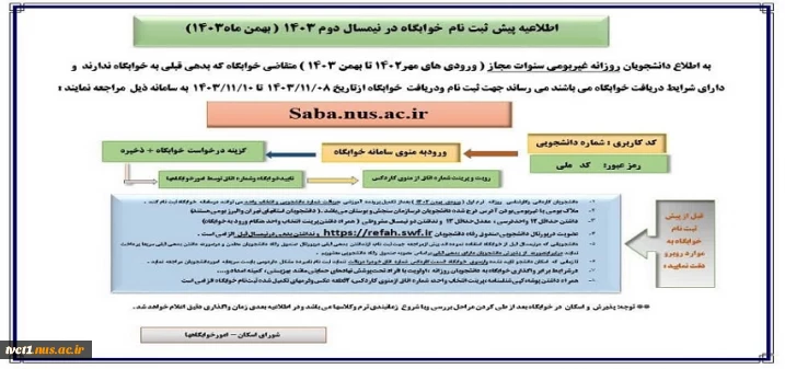 اطلاعیه پیش ثبت نام  خوابگاه در نیمسال دوم 1403 ( بهمن ماه1403)